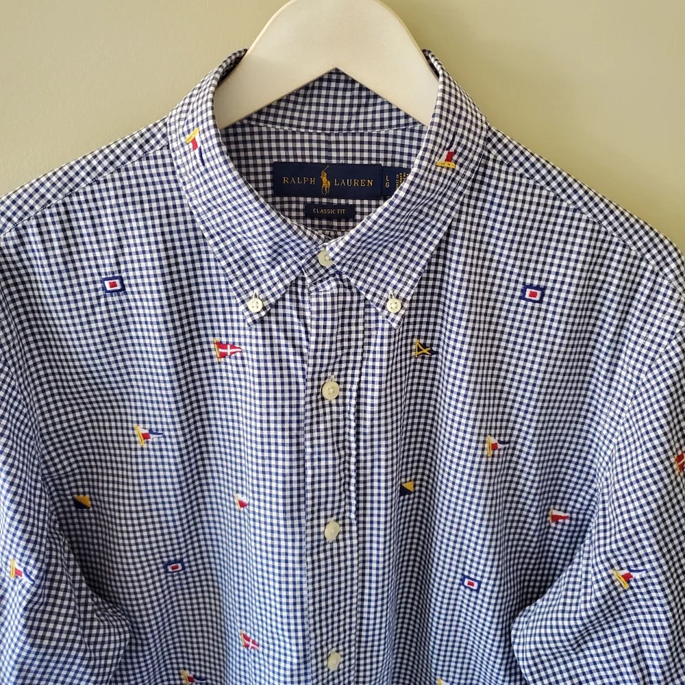Ralph Lauren L Classic Fit Check Gingham Flags Nautical Old Money Button Shirt - Picture 3 of 10